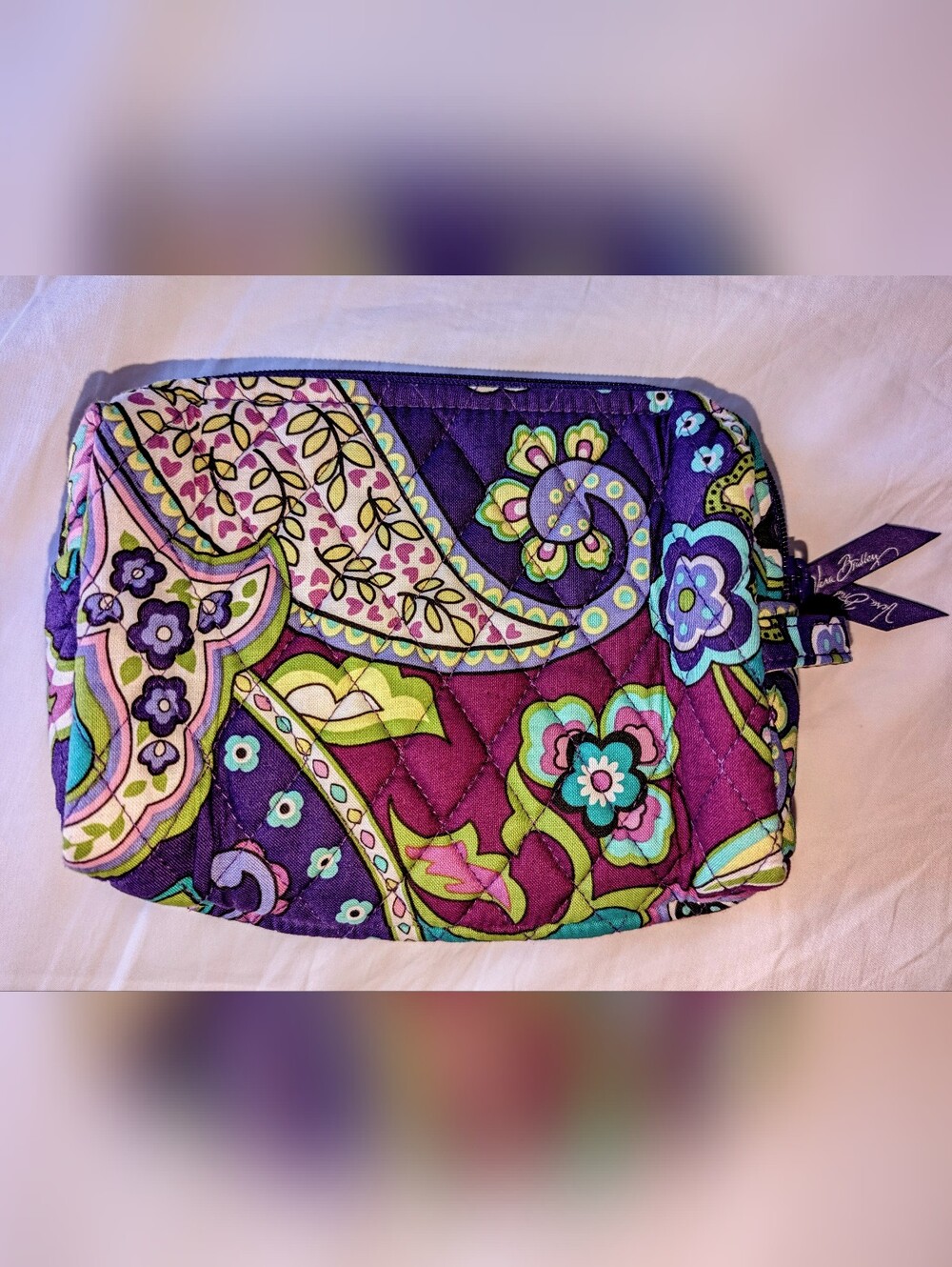 Authentic Vera Bradley Heather Purple Paisley Floral Quilted Cosmetic Case NWOT